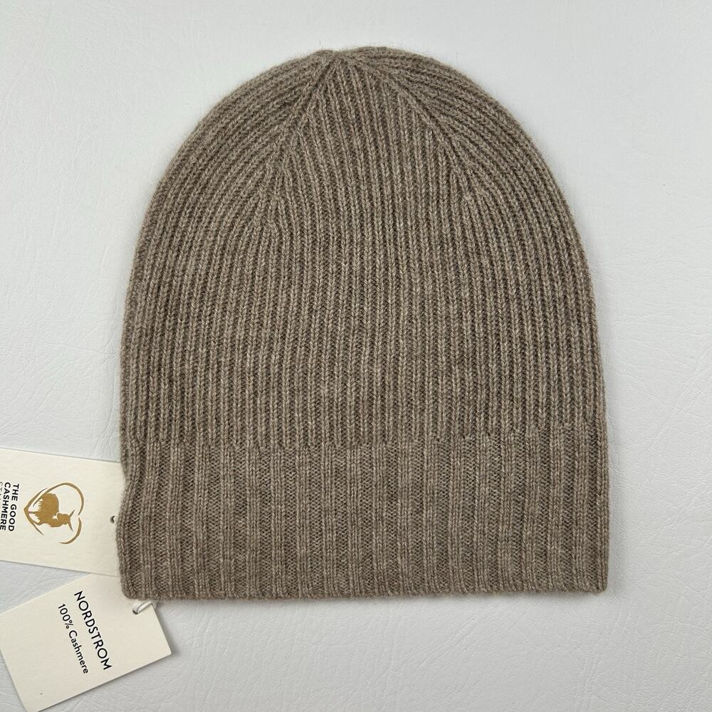 Nordstrom 100% Cashmere Rib Knit Beanie Hat Taupe One Size Soft Luxury NWT